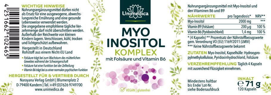 Lot de 2: Complexe myo-inositol  avec folates et vitamine B6 - 2 x 120 gélules - par Unimedica