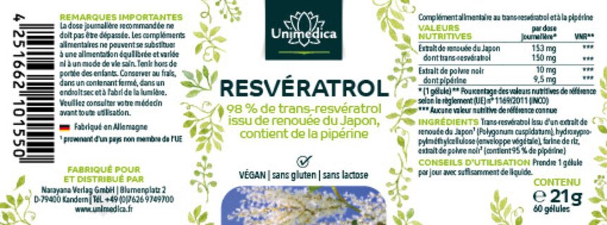 Lot de 2: Resvératrol + Pipérine - 150 mg - avec 98 % de trans-resvératrol issu de renouée de Japon - 2 x 60 gélules - par Unimedica