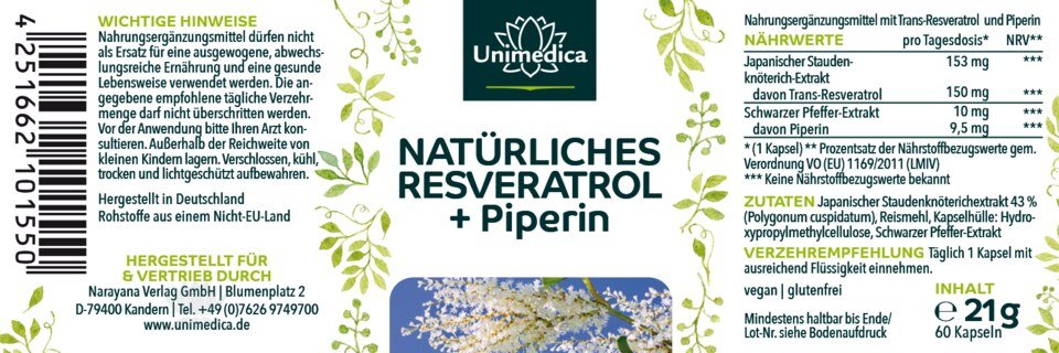 2er-Sparset: Resveratrol + Piperin - 150 mg pro Tagesdosis (1 Kapsel) - mit 98 % Trans-Resveratrol aus Japanischem Staudenknöterich Extrakt - 2 x 60 Kapseln - von Unimedica