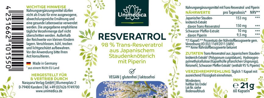 Lot de 2: Resvératrol + Pipérine - 150 mg - avec 98 % de trans-resvératrol issu de renouée de Japon - 2 x 60 gélules - par Unimedica