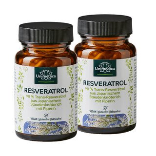 2er-Sparset: Resveratrol + Piperin - 150 mg pro Tagesdosis (1 Kapsel) - mit 98 % Trans-Resveratrol aus Japanischem Staudenknöterich Extrakt - 2 x 60 Kapseln - von Unimedica/
