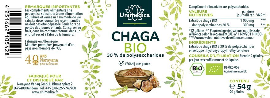 Chaga bio - 1 000 mg par dose journalière (2 gélules) - extrait avec 30 % de polysaccharides  haut dosage - 90 gélules - par Unimedica