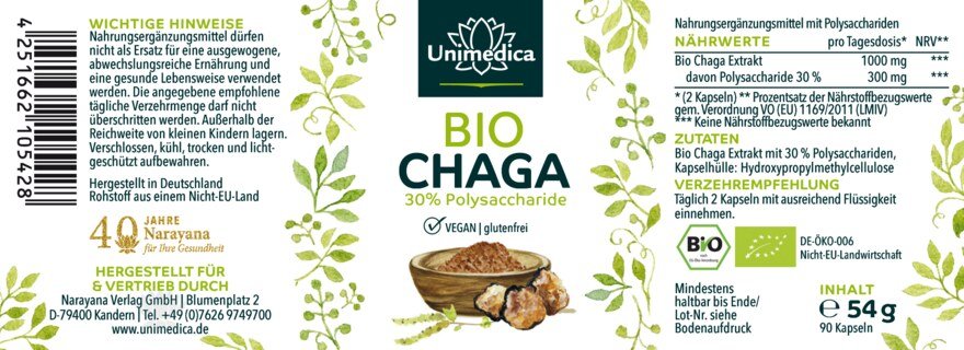 Organic Chaga - 1000 mg per daily dose (2 capsules) - extract with 30 % polysaccharides - high-dose - 90 capsules - from Unimedica