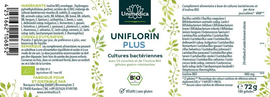 Uniflorin Plus avec complexe de cultures issues de 25 souches bactériennes et d'inuline BIO - 20 milliards d'UFC par dose journalière (2 gélules) - 180 gélules entériques - par Unimedica