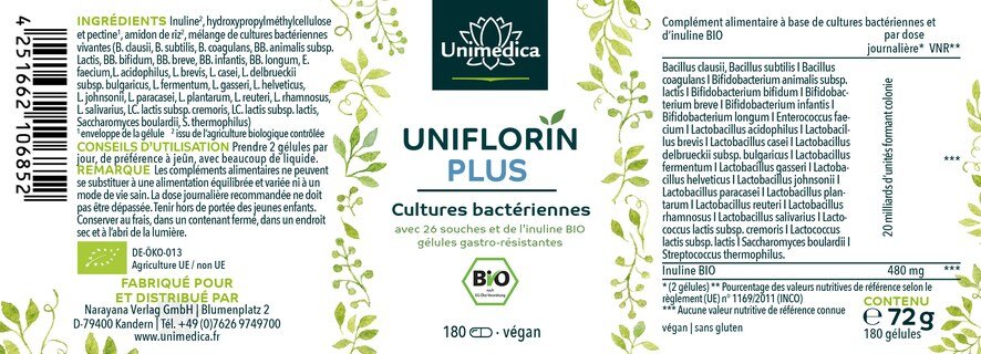 Uniflorin Plus avec complexe de cultures issues de 26 souches bactériennes et d'inuline BIO - 20 milliards d'UFC par dose journalière (2 gélules) - 180 gélules entériques - par Unimedica