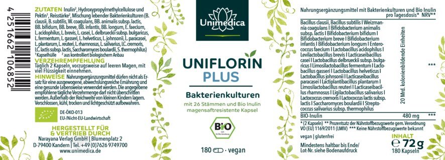 Uniflorin Plus mit Kulturen Komplex aus 26 Bakterienstämmen und Bio Inulin - 20 Mrd. KBE pro Tagesdosis (2 Kapseln) - 180 magensaftresistente Kapseln - von Unimedica
