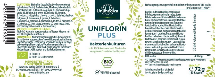Uniflorin Plus avec complexe de cultures issues de 25 souches bactériennes et d'inuline BIO - 20 milliards d'UFC par dose journalière (2 gélules) - 180 gélules entériques - par Unimedica