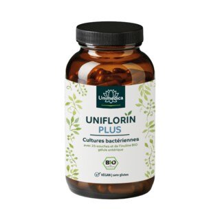 Uniflorin Plus avec complexe de cultures issues de 26 souches bactériennes et d'inuline BIO - 20 milliards d'UFC par dose journalière (2 gélules) - 180 gélules entériques - par Unimedica