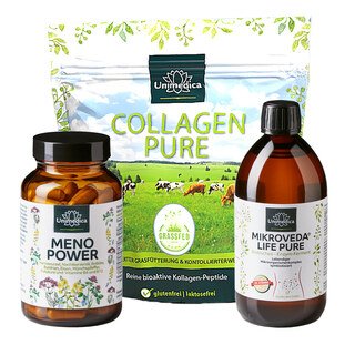 Set: Menopower - yam root, evening primrose oil and iron - 90 capsules AND Collagen Pure - from LIAF-certified pasture and grass feeding - 450 g powder AND MikroVeda® Life Pure - biotic enzyme ferment - organic quality - 500 ml - by Unimedica/