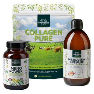 Sparset: Menopower - mit Yamswurzel und B-Vitaminen - 90 Kapseln UND Collagen Pure - aus zertifizierter Weidehaltung - 450 g Pulver UND MikroVeda® Life Pure - biotisches Enzym-lebendiger Mikroorganismenkomplex - 500 ml - von Unimedica/