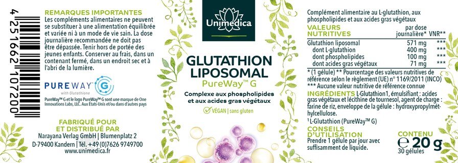 Glutathion liposomal - PureWay-G™ - 400 mg de L-Glutathion par dose journalière (1 gélule) - 30 gélules - par Unimedica