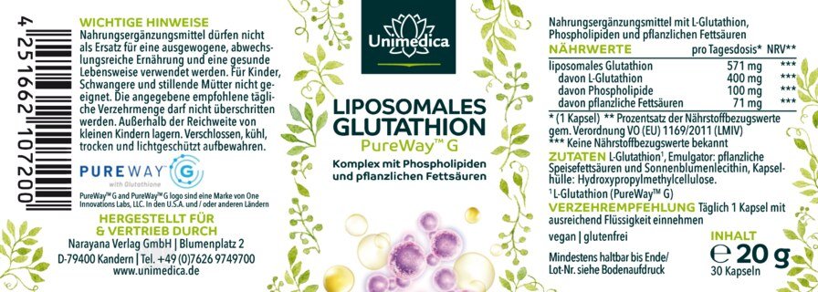 Glutathion liposomal - PureWay-G™ - 400 mg de L-Glutathion par dose journalière (1 gélule) - 30 gélules - par Unimedica