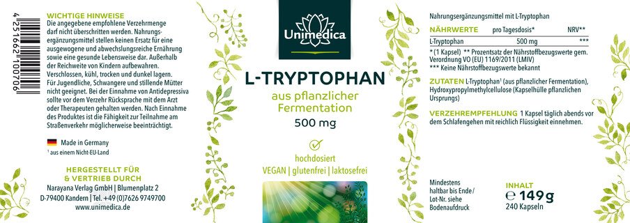 Lot de 2: L-Tryptophan - 500 mg par dose journalière - dosage élevé - 2 x 240 gélules - par Unimedica