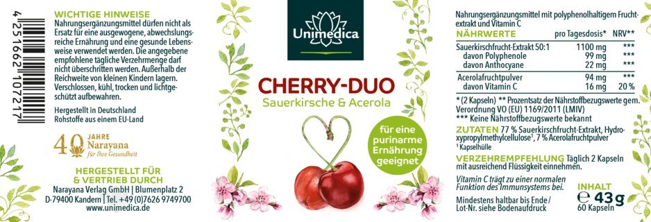 Duo de cerises  griotte et acérola  1 100 mg d'extrait de fruit de griotte par dose journalière (2 gélules)  60 gélules  par Unimedica