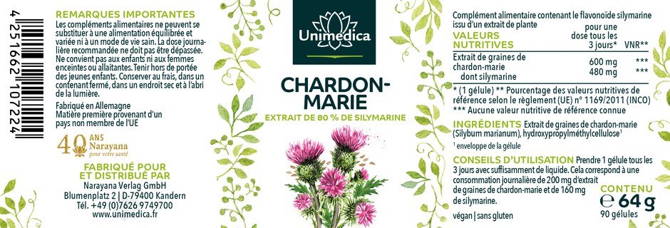 Extrait de Chardon-Marie - 480 mg de silymarine par dose de 3 jours (1 gélule) - 90 gélules - par Unimedica