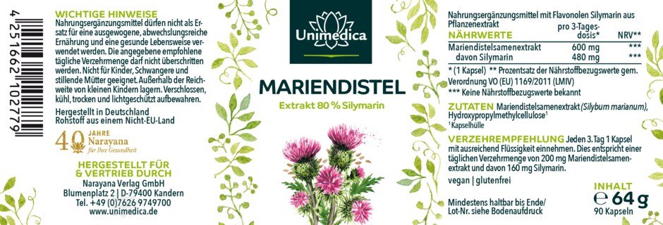 Mariendistel-Extrakt - 480 mg Silymarin pro 3-Tagesdosis (1 Kapsel) - 90 Kapseln - von Unimedica