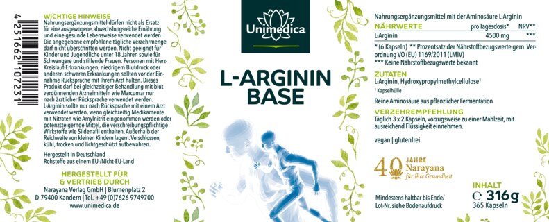 L-Arginin Base - 4500 mg L-Arginin pro Tagesdosis (6 Kapseln) - 365 Kapseln - von Unimedica