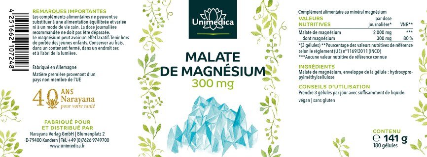 Malate de magnésium  - 300 mg de magnésium par dose journalière (3 gélules) - 180 gélules - par Unimedica