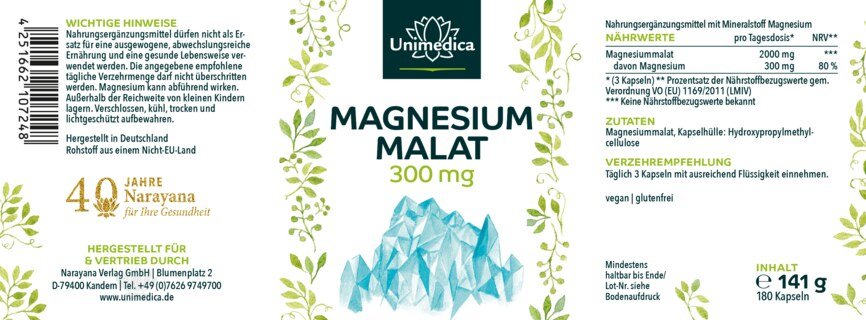Magnesium Malat  - 300 mg Magnesium pro Tagesdosis (3 Kapseln) - 180 Kapseln - von Unimedica