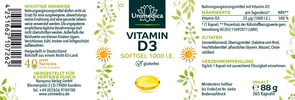 Vitamin D3 Softgel  - 25ug (1.000 I.E.) pro Tagesdosis (1 Kapsel) - 365 Kapseln - von Unimedica