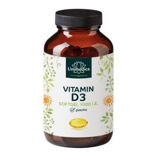 Vitamine D3 gélules molles  25 µg (1 000 UI) par dose journalière (1 gélule)  365 gélules  par Unimedica/