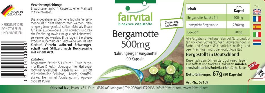 Bergamotte Extrakt 500 mg - Fairvital - 90 Kapseln