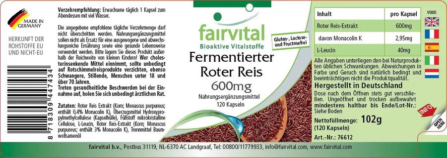 Fermentierter Roter Reis 600 mg - Fairvital - 120 Kapseln