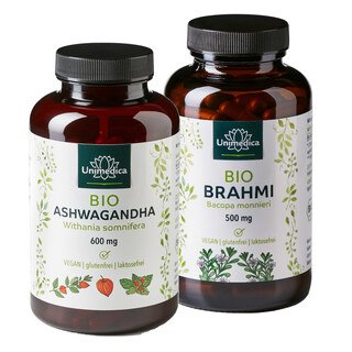 Lot: Ashwagandha BIO - 180 gélules - 1800 mg par dose journalière - hautement dosé - Brahmi bio - 500 mg - 150 gélules - - par Unimedica