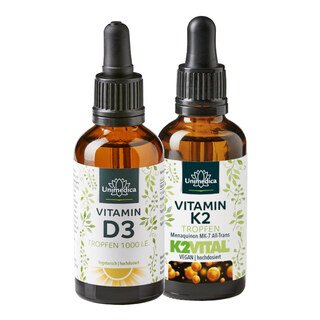 Set: Vitamin D3 Drops - 1000 I.U./25 µg per daily dose - 50 ml - AND Vitamin K2 drops - 200 µg per daily dose - MK7 All-trans - high dose - 50 ml - from Unimedica/