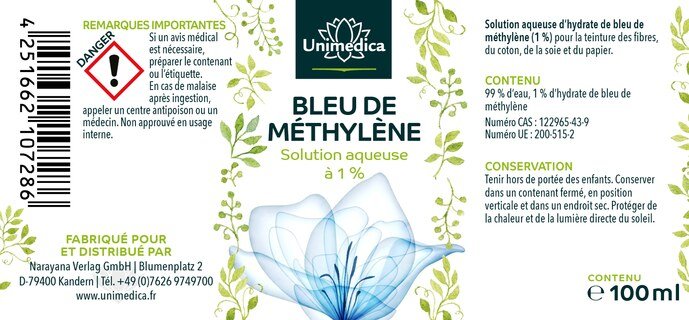 Bleu de méthylène  solution aqueuse à 1 % - pureté de 99,8 %  - exempt de métaux lourds - 100 ml  par Unimedica