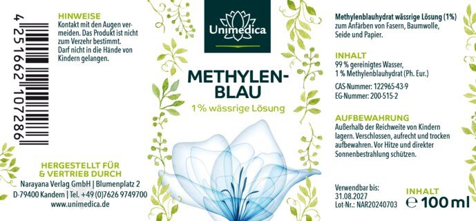 Methylenblau - 1 % wässrige Lösung - 99,8 % rein - frei von Schwermetallen - 100 ml - von Unimedica