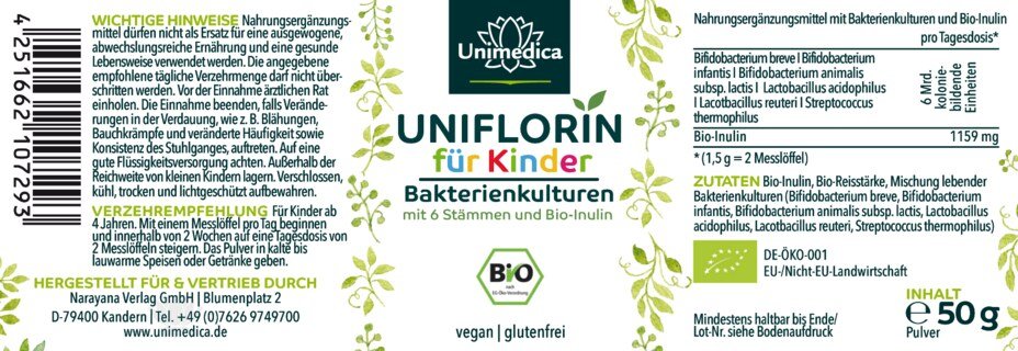 Uniflorin pour enfants  Cultures bactériennes avec 6 souches et de l'inuline BIO - 50 g de poudre - par Unimedica