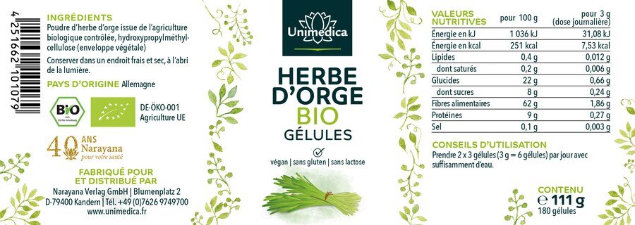 Lot de 2: Herbe d'orge BIO - 500 mg - 2 x 180 gélules - par Unimedica