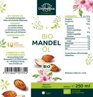 Bio Mandelöl - naturrein und kaltgepresst - 250 ml - von Unimedica