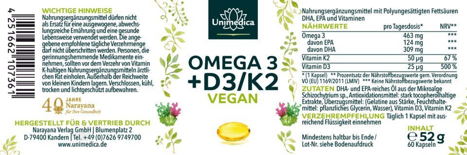 Vegan Omega 3 + Vitamin D3 + K2 - Algenöl - 60 Softgelkapseln - von Unimedica