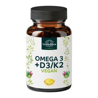 Vegan Omega 3 + Vitamin D3 + K2 - Algenöl - 60 Softgelkapseln - von Unimedica/