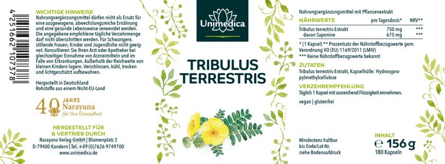 Tribulus Terrestris - mit 90 % Saponinen - 750 mg Tribulus terrestris-Extrakt pro Tagesdosis (1 Kapsel) - 180 Kapseln - von Unimedica