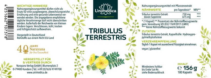 Tribulus Terrestris - avec 90% de saponines - 750 mg d'extrait de Tribulus Terrestris par dose journalière (1 gélule) - 180 gélules - par Unimedica