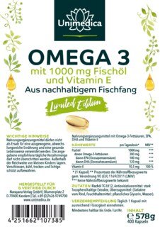 Omega 3 Fischöl Limited Edition - aus nachhaltigem Fischfang - 1000 mg pro Tagesdosis (1 Kapsel) - 400 Kapseln - von Unimedica - Sonderangebot kurze Haltbarkeit