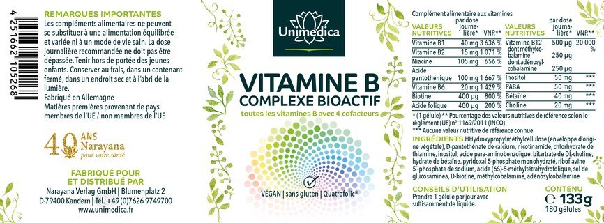 Lot de 2: Complexe vitamine B  bioactif  avec 4 cofacteurs  hautement dosé  2 x 180 gélules  par Unimedica