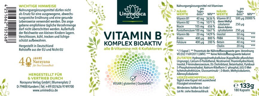 2er-Sparset: Vitamin B-Komplex - Bioaktiv - mit 4 Kofaktoren - hochdosiert - 2 x 180 Kapseln - von Unimedica