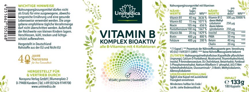 Lot de 2: Complexe vitamine B  bioactif  avec 4 cofacteurs  hautement dosé  2 x 180 gélules  par Unimedica