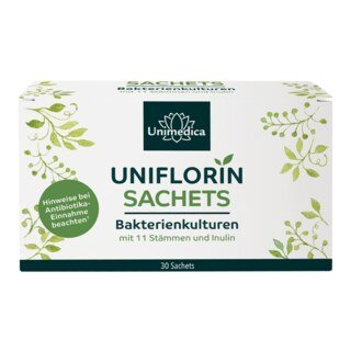 Sachets Uniflorin avec un complexe de cultures contenant 11 souches bactériennes et de l'inuline - 5 milliards d'UFC - 30 sachets - par Unimedica/