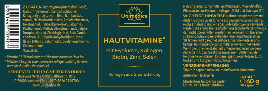 Hautvitamine - Komplex mit Kollagen aus Grasfütterung - 90 Kapseln - von Unimedica