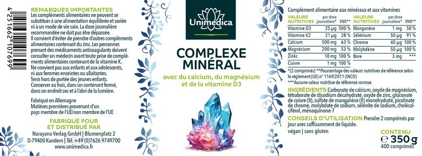 Complexe minéral  avec du calcium, du magnésium et de la vitamine D3 - 400 comprimés - par Unimedica