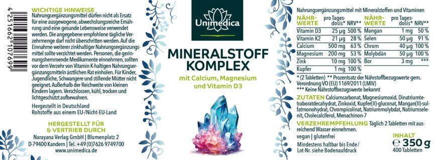 Mineralstoff Komplex - mit Calcium, Magnesium und Vitamin D3 - 400 Tabletten - von Unimedica