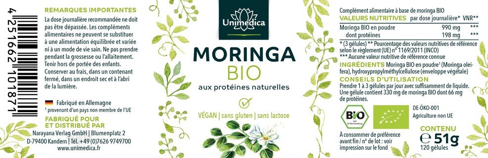 Lot de 2: Moringa BIO - 990 mg - 2 x 120 gélules - Unimedica