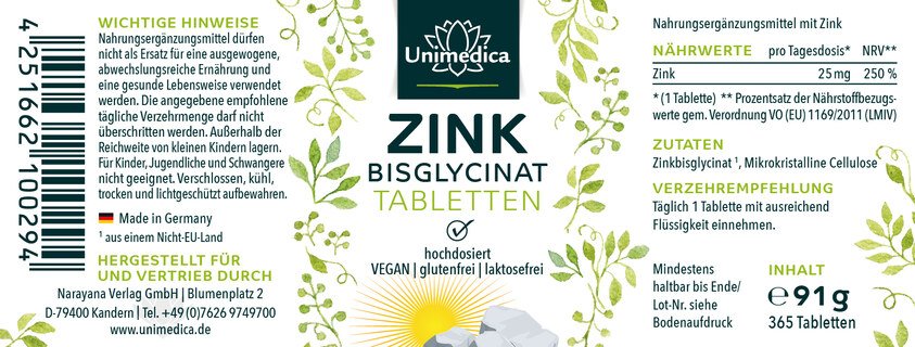 Lot de 2: Zinc Bisglycinate - 25 mg par dose journalière - fortement dosé - 2 x 365 comprimés - de Unimedica