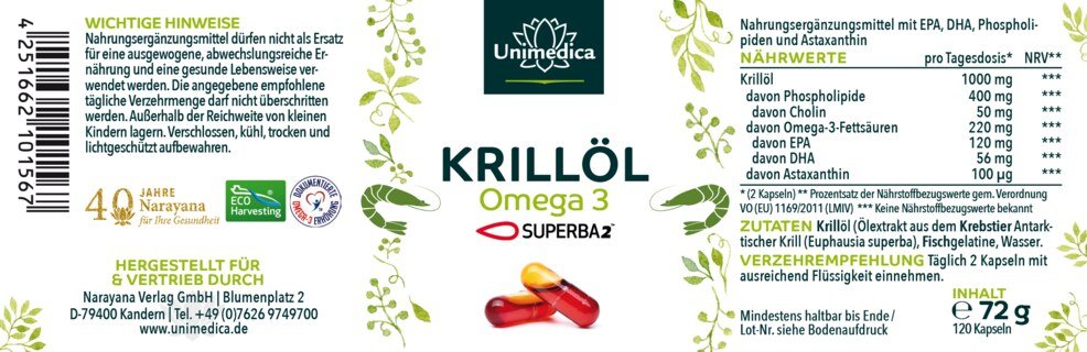 2er-Sparset: Krillöl SUPERBA 2™ - reich an Omega-3-Fettsäuren EPA + DHA - 1.000 mg Krillöl pro Tagesdosis (2 Kapseln) - 2 x 120 Hartgelkapseln (Licaps®) - von Unimedica - Topangebot