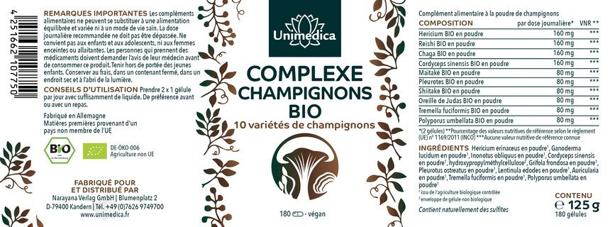 Complexe de champignons BIO  avec 10 variétés de champignons  entre autres cordyceps, shiitaké, reishi, crinière de lion, chaga, héricium - 180 gélules - par Unimedica